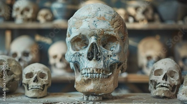 Fototapeta Close-up of a Human Skull in a Collection of Bones