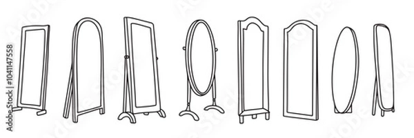 Fototapeta Collection of standing mirror in doodle style. Hand drawn vector art.