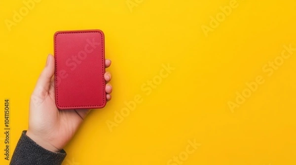 Fototapeta A hand holding a bright red wallet against a vibrant yellow background, showcasing modern design and color contrast.