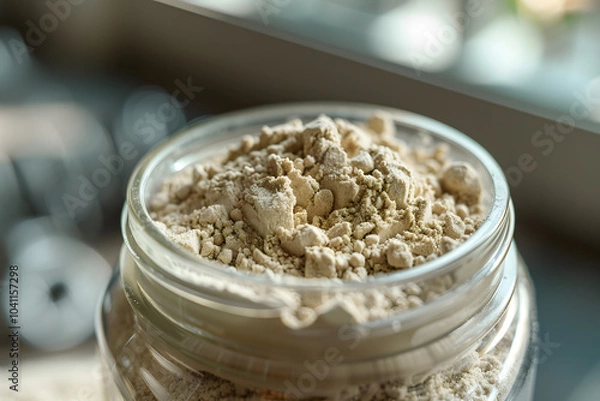 Fototapeta A jar filled with powdered superfood sits on a table, ready to be used as an ingredient in a nutritious recipe or dish