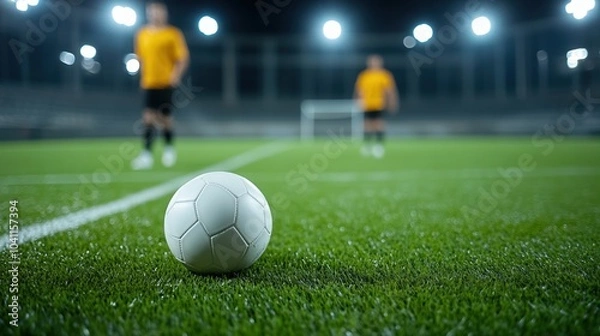 Fototapeta Soccer ball on the field with players in the background, illuminated by stadium lights.
