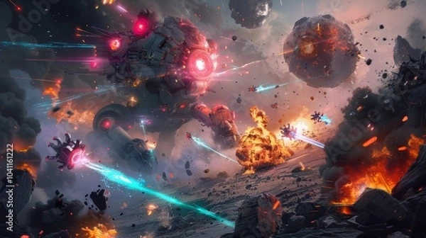 Fototapeta Robots fight with monsters in destroyed space, background explosions due to battle, realistic effects HD images