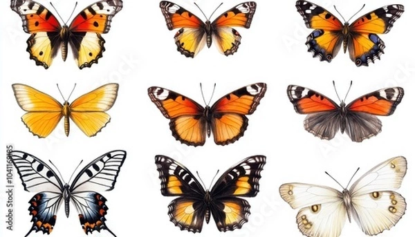 Fototapeta A Collection of Eight Diverse Butterflies with Intricate Wing Patterns