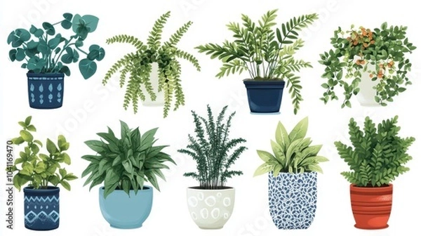 Fototapeta Collection of potted plants with various styles and textures