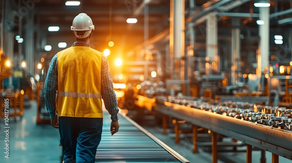 Fototapeta A construction engineer walks through a bustling manufacturing facility, conveyors moving parts, warm ambient lighting, dynamic low-angle shot emphasizing the scale of production