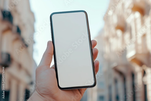 Fototapeta A Smartphone with blank screen in a hand, mockup with blank space Urban landscape background