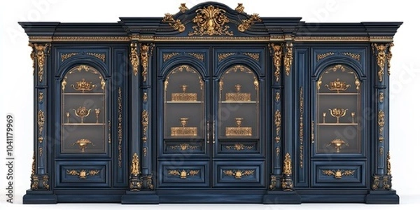 Fototapeta luxury traditional dark blue and gold oak showcase with intricate royal carvings and glass on white background 