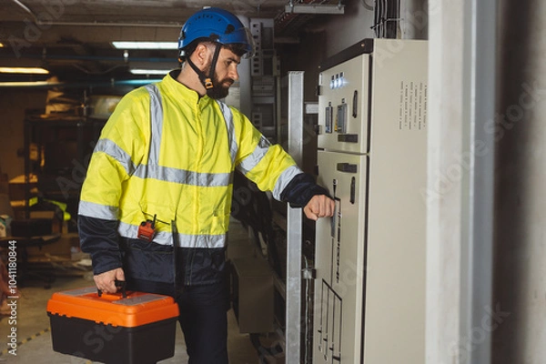 Fototapeta engineering technician Setting up the solar panel inverter in the electrical room Service engineer installs solar cells on factory roofs Concept of clean energy and renewable energy