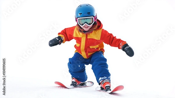 Obraz A child in a bright red and yellow winter suit, blue pants, and helmet snowboarding on a white background