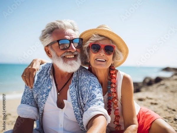 Fototapeta happy seniors couple in beach senior man and woman old retired couple relaxing by the sea on sunny day.