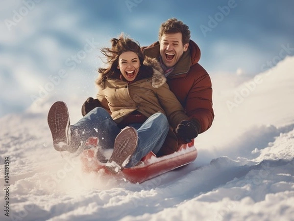 Fototapeta Happy young couple having fun spending winter vacation in mountains sledding down the slope on a snowy mountain.