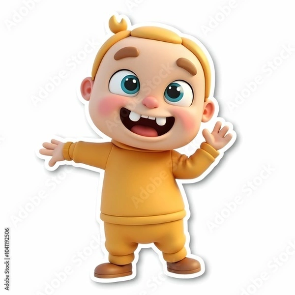 Obraz Cute 3D character, cartoon sticker on white background, 3D rendering