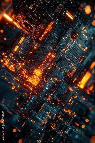Fototapeta Abstract Futuristic Circuit Board with Glowing Orange Lights