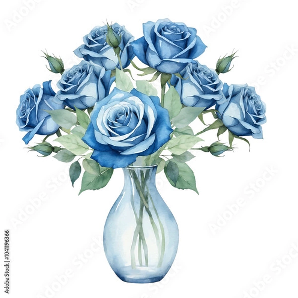 Fototapeta Elegant blue roses in vase with isolated background, Watercolor blue roses in glass vase with isolated background, Realistic blue rose arrangement with isolated background.