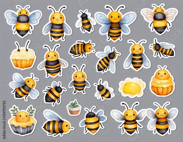 Fototapeta A fun and cute collection of cartoon bees and honey, featuring funny flying bees, honey pots, flowers, and adorable characters in a playful nature-inspired design, sticker