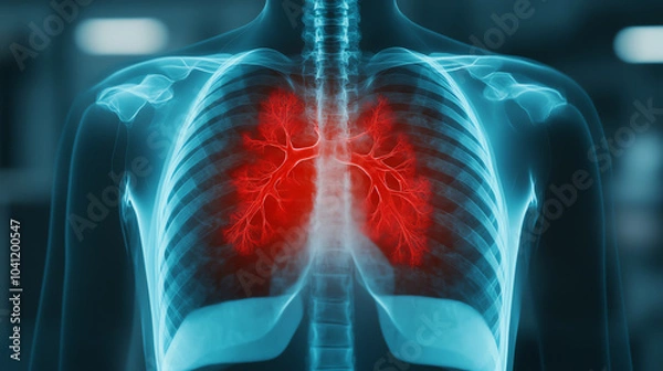 Fototapeta 3D illustration of human lungs showcasing the bronchial structure in red against a blue skeleton background, emphasizing respiratory health and anatomy.