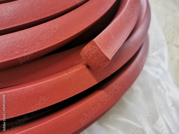 Fototapeta Red silicone seal mixed with sponge, Engineering machinery spare parts. Silicone rubber material for Seal or covering the door and the lid of a large boiler in industrial production. Illustration