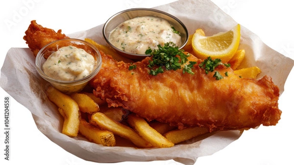 Obraz Traditional british fish and chips with tartar sauce and lemon for culinary design - transparent background png