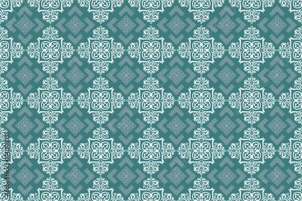 Fototapeta Green damask seamless pattern. Design for textile, fabric, clothing, wallpaper, wrapping, cushion art ornament and decoration.