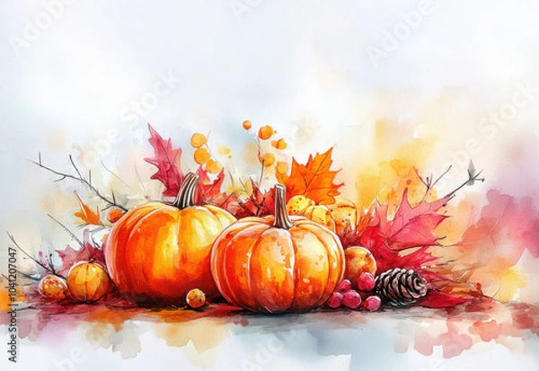 Fototapeta Pretty watercolour thanksgiving illustration of pumpkins, leaves and berries, with copy space, great for websites, cards, social media
