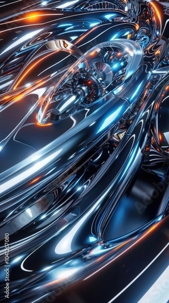 Fototapeta Illustrate a futuristic vision of automotive parts with a wide-angle perspective, incorporating sleek lines, metallic sheens, and dynamic lighting effects using CG 3D rendering