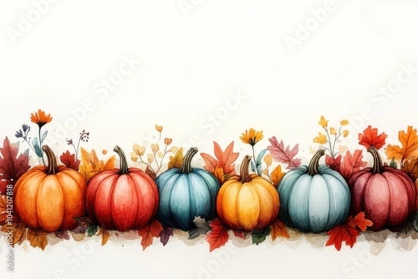 Fototapeta Thanksgiving background with copy space, pretty watercolour illustratoin of multi coloured small pumkins in a row, great for websites, cards, social media
