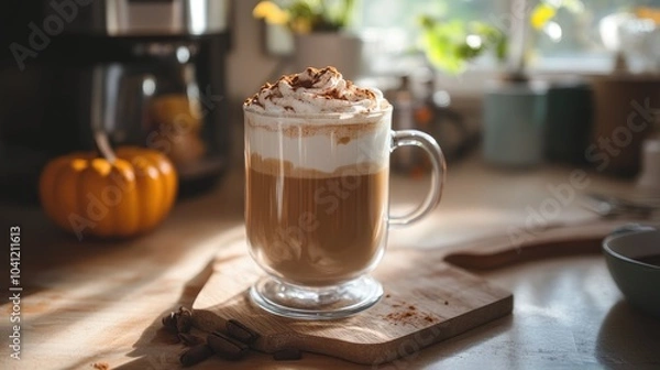 Fototapeta Glass of warm coffee topped with pumpkin spice and chocolate featuring whipped milk foam in a bright modern kitchen setting