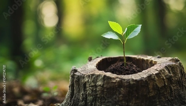 Fototapeta A small plant sprouts from a tree stump, symbolizing growth and renewal in a serene forest setting.