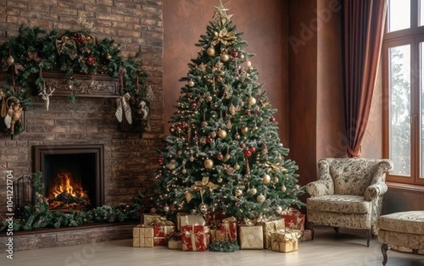 Fototapeta christmass tree with decorations toys and lights 