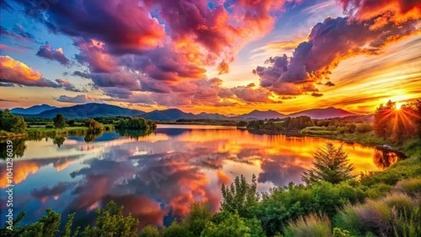 Obraz Dreamy Colorful Sunset Landscape - Breathtaking Panoramic View of Vibrant Sky and Serene Nature