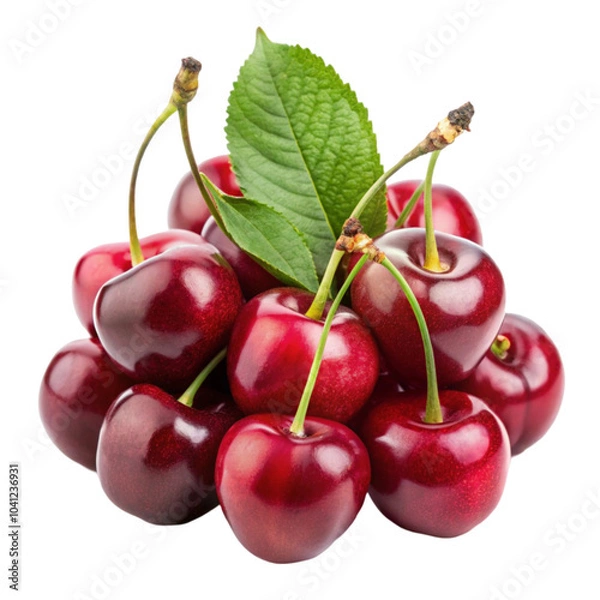 Fototapeta A bunch of red cherries on a leafy branch on transparent background