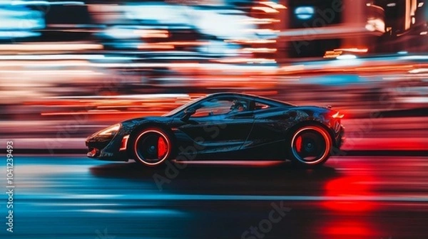 Fototapeta Black Sports Car Speeding Through City at Night