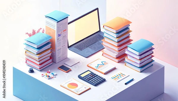 Fototapeta Vibrant isometric art illustration of an accountant's workspace with colorful financial document stacks