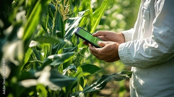 Fototapeta Farmer Analyzing Crop Data Using Mobile Technology
