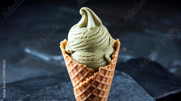 Fototapeta Delicious green tea ice cream in a crispy waffle cone against a dark stone background, perfect for dessert and food-themed projects. 