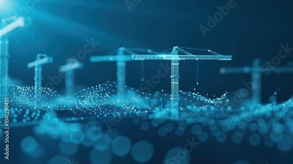 Fototapeta Construction Site Dynamics, a low poly wireframe illustration depicting a bustling construction site filled with tower cranes, showcasing polygons, lines, particles, and connected dots.