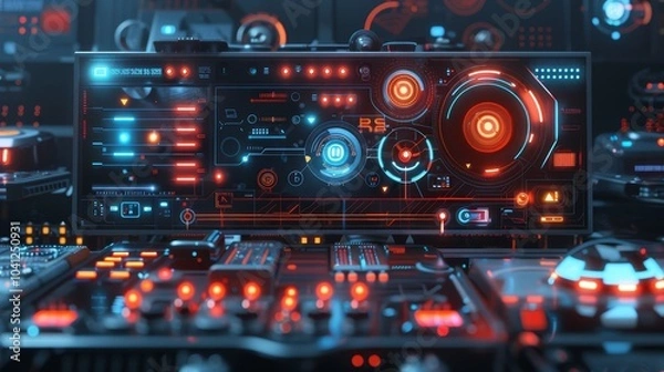 Fototapeta Futuristic neon api interface concept with detailed connection scheme on dark background