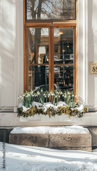 Fototapeta Minimalist storefront with a sunlit window and snowdrops symbolizing hope and spring s arrival