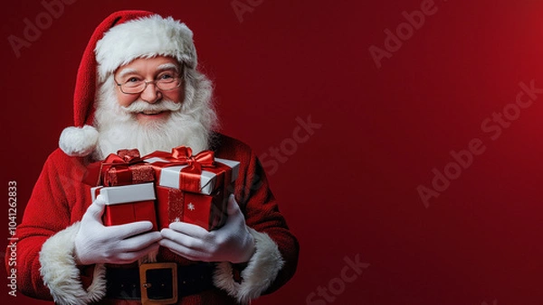 Fototapeta Jolly Santa Claus holding presents in elegant decor.