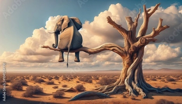 Obraz Surreal Digital Artwork of a Realistic Elephant Sitting on a Tree Branch in a Barren Desert Landscape with a Sunset Sky, Emphasizing Humor, Whimsy, and Detailed Realism