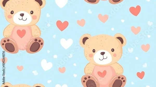 Fototapeta Vector pattern of teddy bears with hearts, flat design style, pastel shades, minimalist approach, clean lines, modern and playful look, hd quality, seamless flow. --ar 16:9 --tile