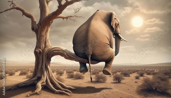 Obraz Surreal Digital Artwork of a Realistic Elephant Sitting on a Tree Branch in a Barren Desert Landscape with a Sunset Sky, Emphasizing Humor, Whimsy, and Detailed Realism
