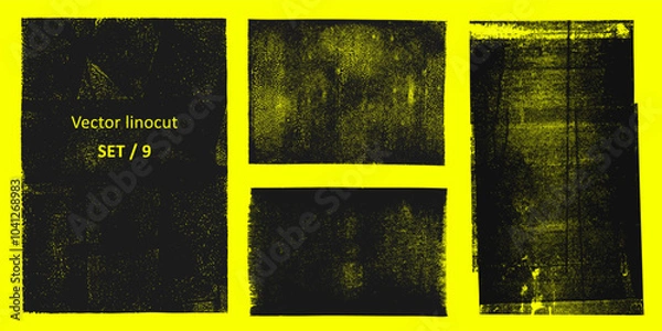 Fototapeta Linocut, relief printing, letterpress rectangle shapes rough textures set, collection. Black linocutting textured backgrounds, text frames. Paint roller geometric stains, lino ink grungy remains