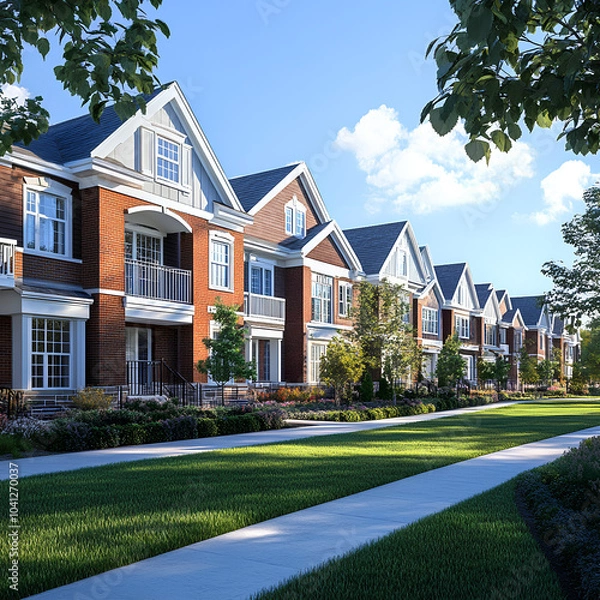 Fototapeta Row of Modern Brick Townhouses with Green Lawn and Walkway