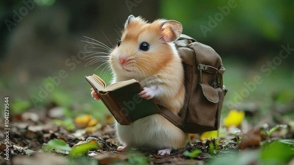 Obraz Chubby hamster with a tiny backpack, holding a math book, hamster school, adorable and curious