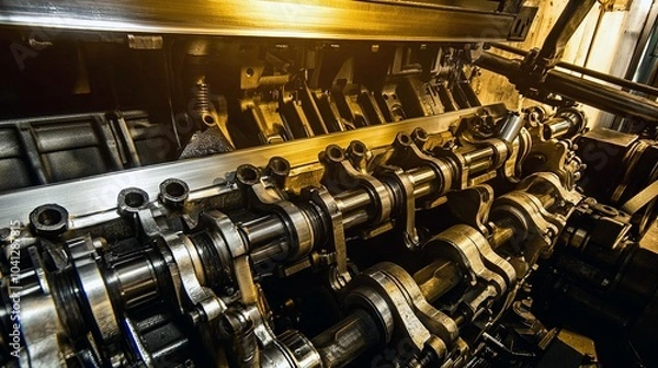 Fototapeta Close-Up of a Complex Mechanical Engine with Visible Moving Parts
