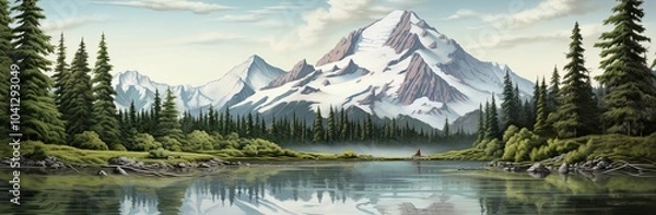 Fototapeta A serene lake nestled at the base of a snow-capped