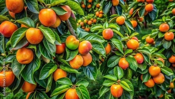 Fototapeta Captivating Aerial View of Unripe Sharon Persimmons on Vibrant Green Trees, Showcasing Nature's Bounty and the Beauty of Fruit Development in a Scenic Landscape