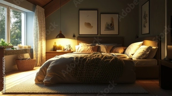 Fototapeta A cozy bedroom bathed in warm light, with a blend of modern and rustic elements, creating a welcoming and restful environment.