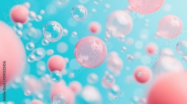 Fototapeta Abstract close-up of colorful bubbles and spheres, creating a dreamy underwater effect against a soft blue background.